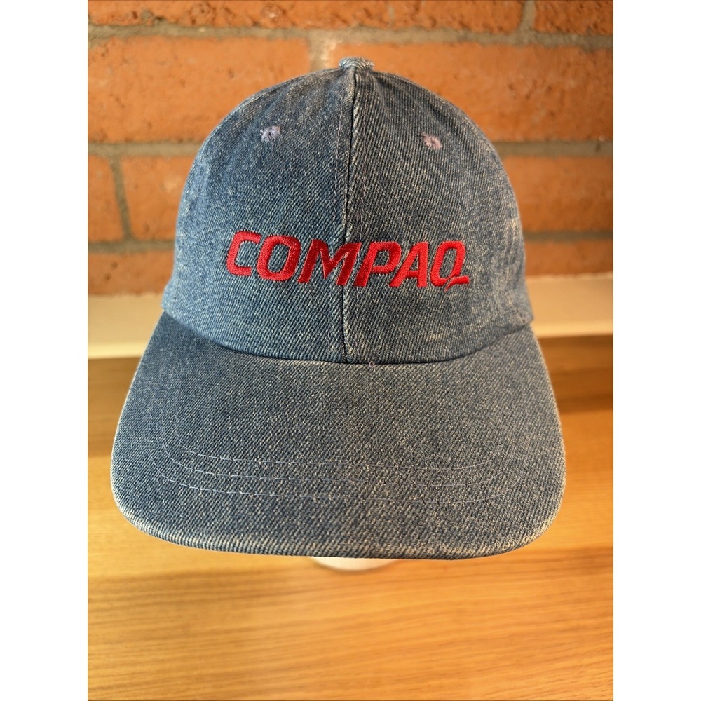 VINTAGE Denim Compaq Hat Cap Men Strap Back Computer Tech Promotion